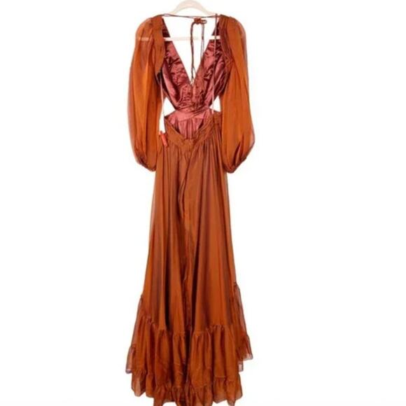 MAC DUGGAL Dress Size 0 Evening Gown Pleated Long Sleeve Lace Up Gown Copper - Picture 4 of 6